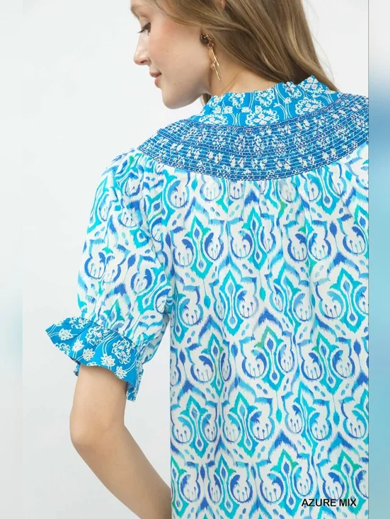 Umgee Mix Boho Puff Sleeve Smocked Top - Picture 3 of 9